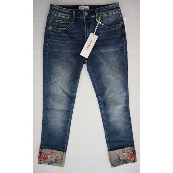 Driftwood Women Sz 25 Med. Wash Colette Floral Embroidered Cuffed Crop Jeans - Picture 1 of 10